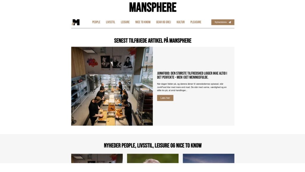 Hjemmesiden til Mansphere, designet af MF WebDesign