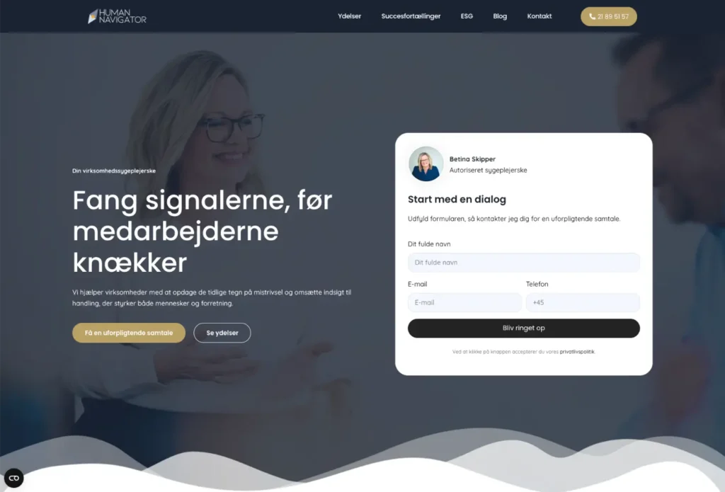 Hjemmesiden til Human Navigator, designet af MF WebDesign